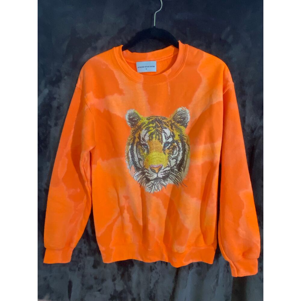 Distressed Vintage Couture | Orange Tie-Dye w/ Embellished Tiger Graphic | Small